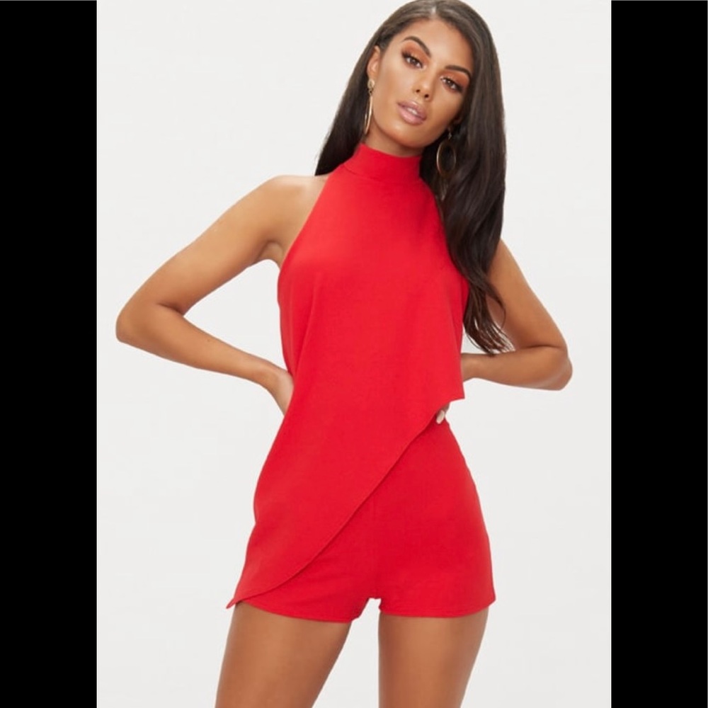 Pretty Little Thing red halter romper